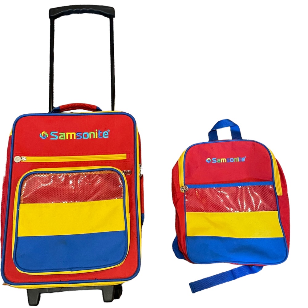 Vintage Samsonite Rainbow Embroidered Child’s Rolling Luggage & Backpack Set 90s